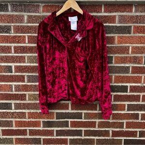 Lord & Taylor Red Burgundy Crushed Velvet Collared Button Down Pajama Top